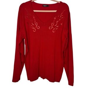 Moffi Red V-Neck Festive Sweater Embroidered Sequin Long Sleeve Size L